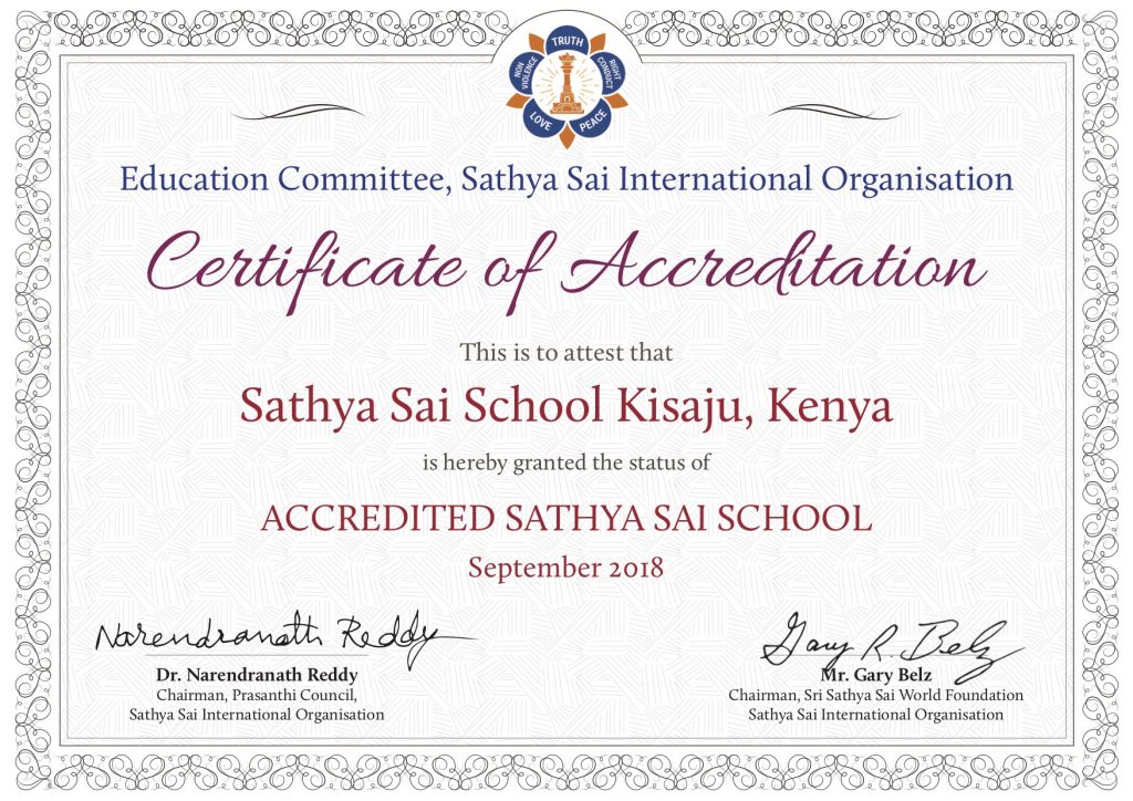 Accreditation Certificate - Sathya Sai School Kisaju Kenya