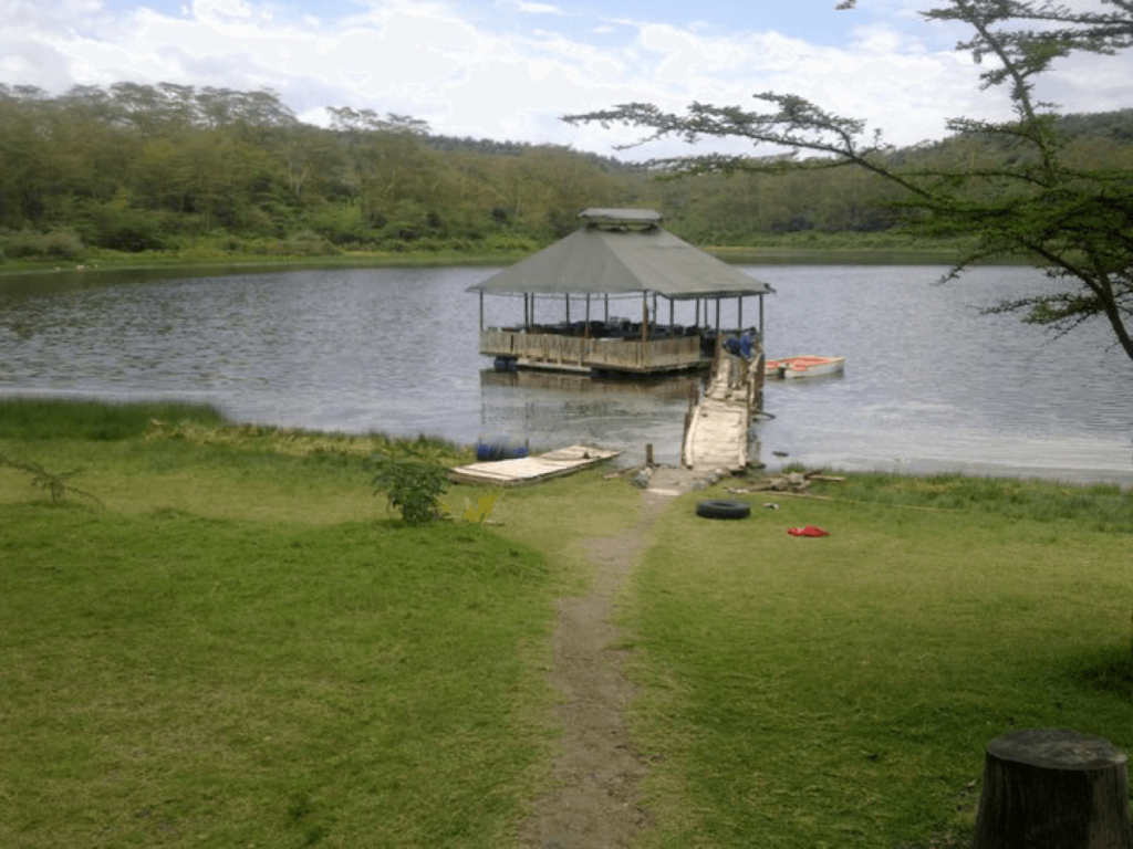 An image of lake Naivasha with a gazibo and wooden bridge